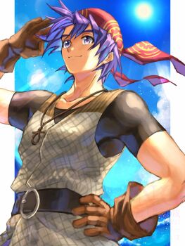 Rule 34 | 1boy, amulet, armor, bandana, belt, belt buckle, black belt, black shirt, blue sky, border, brown gloves, buckle, chainmail, chrono cross, closed mouth, gloves, hanada nadako, hand on own hip, hashtag-only commentary, male focus, pillarboxed, print bandana, purple eyes, purple hair, red bandana, serge (chrono cross), shading eyes, shirt, short hair, short sleeves, sky, smile, solo, sunlight, white border