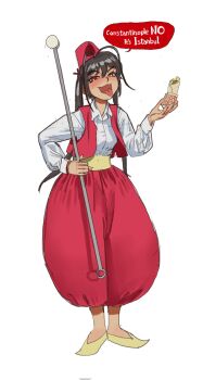 Rule 34 | 1girl, commentary request, dondurma (ice cream), doner kebab, doner sandwich, english text, engrish text, fez hat, food, full body, genderswap, genderswap (mtf), hat, highres, holding, long hair, long sleeves, looking at viewer, mesugaki, mismatched pupils, mossacannibalis, original, pants, pointy shoes, puffy pants, ranguage, red eyes, red pants, red vest, shirt, shish kebab, shoes, simple background, smile, solo, standing, tongue, tongue out, twintails, vest, white background, white shirt, yellow shoes