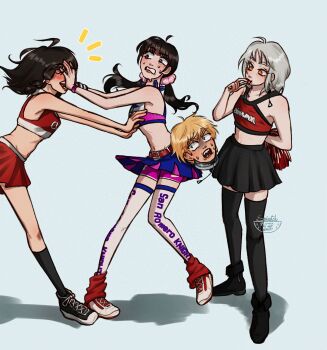 1boy 3girls absurdres black_skirt black_socks black_thighhighs blonde_hair blue_skirt breasts brown_eyes candy chainsaw_man cheerleader cosplay crop_top denji_(chainsaw_man) eating fami_(chainsaw_man) food grey_hair hair_ornament hair_scrunchie highres holding holding_candy holding_food holding_lollipop juliet_starling juliet_starling_(cosplay) kneehighs leg_warmers lollipop lollipop_chainsaw long_hair low_twintails mifune_fumiko mitaka_asa multicolored_eyes multiple_girls navel nick_carlyle nick_carlyle_(cosplay) orange_eyes pom_pom_(cheerleading) red_leg_warmers red_skirt scrunchie sharp_teeth shorts shorts_under_skirt skirt small_breasts socks spinatch teeth thighhighs twintails white_thighhighs yellow_eyes