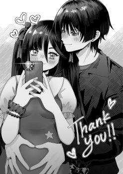 Rule 34 | 1boy, 1girl, bags under eyes, bead bracelet, beads, behind another, blunt bangs, blunt ends, blush, bow, bracelet, choker, choppy bangs, closed mouth, collar, couple, dress, earrings, eyelashes, four-finger heart hands, genshin impact, greyscale, hair between eyes, hair bow, half-closed eyes, hands on another's stomach, hands up, happy, heart, heart hands, height difference, hetero, highres, holding, holding phone, jewelry, koviiy, layered shirt, long hair, long sleeves, looking at another, looking at viewer, mona (genshin impact), monochrome, parted bangs, phone, puffy sleeves, ring, scaramouche (genshin impact), scrunchie, short sleeves, sidelocks, smile, star (symbol), star print, taking picture, tsurime, twintails, undershirt, wedding ring, wrist scrunchie