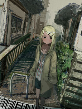 1girl absurdres blonde_hair brown_eyes building camisole closed_mouth coat denim denim_shorts expressionless fence gakuen_idolmaster hair_ornament hairclip highres idolmaster long_hair looking_at_viewer niwatoko_towani outdoors parallel_hairclips parted_bangs shinosawa_hiro shorts sleeves_past_fingers sleeves_past_wrists solo tree