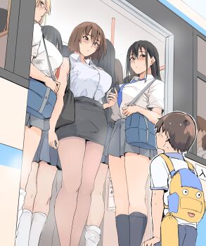 1boy 3girls 6+girls age_difference backpack bag black_hair black_skirt black_socks blue_necktie blush breasts brown_hair bus collared_shirt hair_between_eyes height_difference highres large_breasts long_hair looking_down looking_up motor_vehicle multiple_girls necktie office_lady original pencil_skirt pleated_skirt school_bag school_uniform shirt short_hair short_sleeves shota sidelocks skirt socks train white_shirt white_socks zekkyon