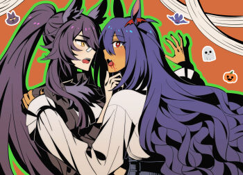 2girls alternate_costume animal_ear_fluff animal_ears bandaid bandaid_on_face bandaid_on_nose bat_(animal) bat_hair_ornament belt black_hair black_jacket black_nails blood blood_from_mouth blue_pants blunt_ends bright_pupils collared_shirt commentary_request eyes_visible_through_hair fang frilled_sleeves frills ghost green_outline hair_between_eyes hair_ornament halloween halloween_costume hand_on_another&#039;s_chin hand_on_another&#039;s_shoulder high-waist_pants highres hishi_amazon_(umamusume) horse_ears hwipa_(param_blue) interracial jack-o&#039;-lantern jacket korean_commentary leather leather_jacket light_blush long_hair long_hair_between_eyes long_sidelocks long_sleeves looking_at_another multiple_girls nail_polish narita_brian_(apoyando_of_the_roar)_(umamusume) narita_brian_(umamusume) official_alternate_costume open_mouth orange_background outline pants pointy_nose puffy_long_sleeves puffy_sleeves purple_hair red_eyes shirt sidelocks sleeves_past_wrists teeth umamusume upper_body upper_teeth_only vampire very_long_hair wavy_hair werewolf_costume white_pupils white_shirt wolf yellow_eyes yuri