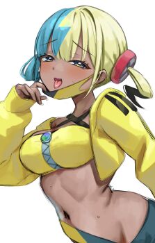1girl aqua_hair bandeau black_hair black_mask blonde_hair blue_eyes breasts canari_(pokemon) commentary_request dark-skinned_female dark_skin highres hoshimiya_aki jacket looking_at_viewer mask mask_pull medium_breasts multicolored_hair navel nintendo open_mouth pokemon pokemon_legends:_z-a simple_background smile solo twintails two-tone_mask white_background yellow_bandeau yellow_jacket yellow_mask