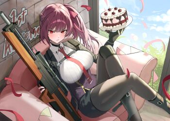 Rule 34 | 1girl, absurdres, anniversary, black gloves, black jacket, black pantyhose, black shorts, blush, braid, breasts, cake, chest strap, collared shirt, corset, couch, day, food, girls' frontline, girls' frontline 2: exilium, gloves, gun, hair ribbon, harafrontline, highres, holding, holding gun, holding plate, holding weapon, indoors, jacket, knee pads, large breasts, long hair, looking at viewer, makiatto (girls' frontline 2), necktie, pantyhose, parted lips, plate, purple corset, purple hair, red eyes, red necktie, red ribbon, ribbon, rifle, scope, shirt, shorts, side ponytail, single glove, single knee pad, sitting, sniper rifle, solo, square-end necktie, wa2000 (girls' frontline), weapon, white shirt, window