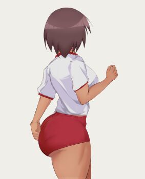 Rule 34 | 1girl, absurdres, adjusting clothes, ass, azumanga daiou, breasts, brown hair, buruma, dark-skinned female, dark skin, fkeje9442, grey background, gym uniform, highres, huge ass, kagura (azumanga daioh), large breasts, red buruma, short hair, sideboob, simple background, thick thighs, thighs