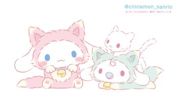Rule 34 | :3, animal costume, animal focus, baby animal, bell, blue eyes, blush stickers, brothers, cat, cat day, chibi, chibi only, cinnamoroll, commentary request, cosplay, dog, full body, fuwa fuwa cinnamoroll, jingle bell, kigurumi, milk (cinnamoroll), no humans, official art, pacifier, puppy, sanrio, second-party source, shirotarou (cinnamoroll), siblings, simple background, solid oval eyes, white background, white cat, white dog, yume kawaii