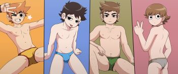 4boys absurdres ass bara bishounen black_choker black_eyes black_hair blue_male_swimwear brown_hair bulge chest_hair choker column_lineup commentary english_commentary facial_hair green_male_underwear grey_male_underwear grin highres koki_arts male_focus male_swimwear male_underwear multiple_boys neil_nordegraf one_eye_closed orange_hair scott_pilgrim scott_pilgrim_(series) scott_pilgrim_takes_off smile spread_legs star_(symbol) stephen_stills stubble tongue tongue_out underwear v wallace_wells yellow_male_underwear