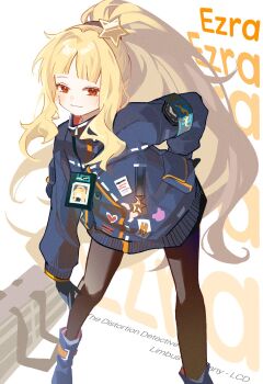 1girl black_pantyhose blonde_hair blue_boots blue_jacket boots ezra_(project_moon) hashtag-only_commentary highres jacket lcb_ssk limbus_company looking_at_viewer pantyhose ponytail project_moon red_eyes solo thighs