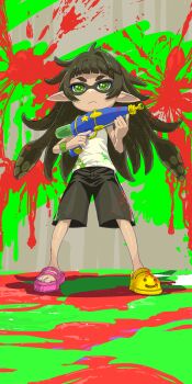 1girl alternate_species asymmetrical_footwear black_shorts full_body green_eyes green_hair green_trim gun highres hiyajou_maho holding holding_gun holding_weapon inkling long_hair menomorute mismatched_footwear nintendo octoling science_adventure shorts solo splatoon_(series) steins;gate steins;gate_0 suction_cups tank_top tentacle_hair weapon