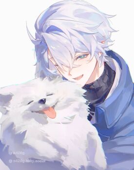 1boy animal blue_eyes closed_eyes crossed_bangs dog hashtag-only_commentary highres honkai:_star_rail honkai_(series) laughing looking_at_viewer male_focus neglow one_eye_closed phainon_(honkai:_star_rail) teeth tongue tongue_out turtleneck watermark white_background white_dog white_hair