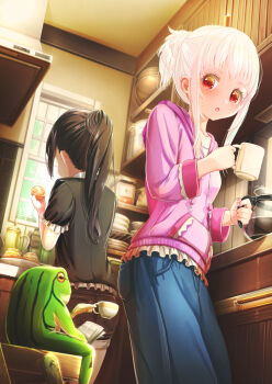 :o aiuabo albino black_hair black_shorts blue_skirt blush coffee_mug coffee_pot cup frog from_behind grey_hair highres hood hoodie indoors kitchen long_skirt looking_at_viewer mug nail_polish open_mouth original pink_hoodie pink_sweater ponytail red_eyes short_ponytail short_shorts shorts siblings sidelocks sisters skirt standing sweater thighs white_hair