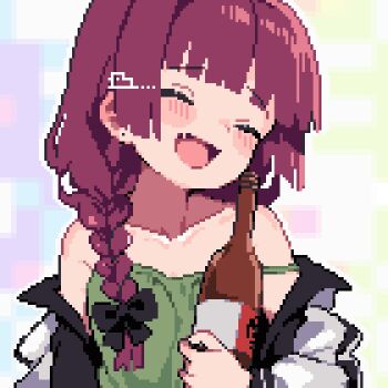 1girl :d ahiru_tokotoko artist_logo bare_shoulders black_bow blunt_bangs blush_stickers bocchi_the_rock! bottle bow braid closed_eyes colorful_background commentary dress green_dress hair_bow highres hiroi_kikuri holding holding_bottle jacket logo long_hair long_sleeves open_clothes open_jacket open_mouth pixel_art red_hair single_braid sleeveless sleeveless_dress smile solo upper_body white_jacket