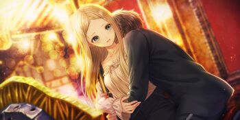 1boy 1girl bare_shoulders black_jacket black_pants blonde_hair blue_reflection_(series) blue_reflection_sun blurry blurry_background breasts brown_hair carousel collarbone couple dress dutch_angle forehead game_cg green_eyes hetero highres hug hug_from_behind jacket kishida_mel lens_flare long_hair long_sleeves morisaki_alesia_yu night non-web_source off-shoulder_dress off_shoulder official_art open_mouth pants parted_bangs protagonist_(blue_reflection_sun) sitting small_breasts smile
