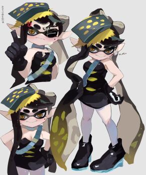 1girl absurdly_long_hair anger_vein black_dress black_gloves black_hair black_shoes blonde_hair bow-shaped_hair breasts brown_eyes callie_(alterna)_(splatoon) callie_(splatoon) cleavage closed_mouth commentary_request cross-shaped_pupils cum cum_on_body dress earrings facial gloves hand_on_own_hip highres inkling jewelry long_hair long_pointy_ears looking_at_viewer m46_u mole mole_under_eye multiple_views nintendo pantyhose pointy_ears shoes smile splatoon_(series) splatoon_3 strapless strapless_dress symbol-shaped_pupils tentacle_hair thick_eyebrows twintails v very_long_hair white_pantyhose