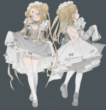 1girl abigail_williams_(fate) backless_outfit blonde_hair character_name cleavage_cutout clothing_cutout crossed_legs double_bun dress fate/grand_order fate_(series) flat_chest from_behind full_body grey_background grey_eyes hair_bun highres long_hair long_sleeves looking_at_viewer maid_headdress multiple_views nemo_(leafnight) revision simple_background skirt_hold thighhighs watson_cross white_thighhighs
