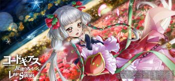 1girl black_gloves blush christmas code_geass code_geass:_lost_stories commentary_request dress f4samurai gloves grey_hair happy highres long_hair long_sleeves official_art open_mouth red_dress sidelocks smile solo tianzi two_side_up very_long_hair white_hair