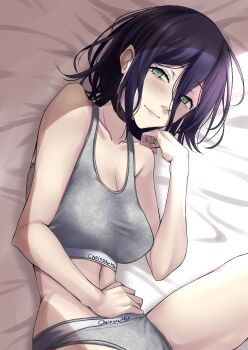 1girl bed_sheet black_choker breasts chainsaw_man choker closed_mouth collarbone commentary_request copyright_name green_eyes grey_panties grey_sports_bra hair_between_eyes hand_on_own_stomach highres kuurunaitsu looking_at_viewer lying medium_breasts midriff on_back on_bed panties reze_(chainsaw_man) shirt smile solo sports_bra stomach underwear underwear_only