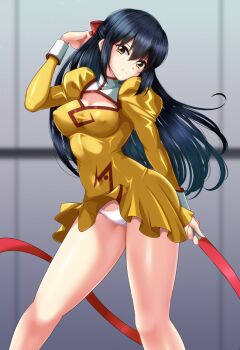Rule 34 | 1girl, agent aika, aika (series), blue hair, brown eyes, cleavage cutout, clothing cutout, commentary request, covered erect nipples, delmogeny uniform, dress, golden delmo, highres, holding, holding ribbon, indoors, juliet sleeves, long hair, long sleeves, looking at viewer, m.i.y, panties, pantyshot, puffy sleeves, ribbon, ribbon baton, rie petoriyacowa, smile, solo, standing, thighs, underwear, white panties, wind, wind lift, yellow dress, zoom layer
