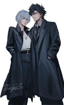 1boy 1girl adoptive_parent_and_adoptive_child black_coat black_eyes black_hair black_necktie breasts cleavage coat commentary_request dated emiya_kiritsugu facial_hair fate/zero fate_(series) grey_eyes grey_hair hands_in_pockets highres long_coat majimaaa medium_breasts mother_and_son natalia_kaminski navel necktie short_hair signature stubble