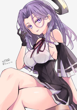 1girl :p absurdres black_capelet black_gloves breasts capelet checkered_clothes crossed_legs gloves hair_between_eyes hair_intakes halo headgear highres hizaka kantai_collection large_breasts looking_at_viewer mechanical_halo one-hour_drawing_challenge partially_fingerless_gloves purple_eyes purple_hair shirt short_hair sideboob sitting skirt sleeveless sleeveless_shirt solo tatsuta_(kancolle) tatsuta_kai_ni_(kancolle) tongue tongue_out twitter_username white_background
