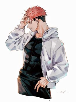 Rule 34 | 1boy, 28cg, absurdres, arm up, black hair, black pants, black shirt, brown eyes, collarbone, covered abs, covered pectorals, grey jacket, hand on own head, highres, itadori yuji, jacket, jujutsu kaisen, jujutsu kaisen modulo, long sleeves, looking down, male focus, multicolored hair, open clothes, open jacket, pants, parted lips, pectorals, pink hair, profile, scar, scar on face, shirt, short sideburns, sideburns, signature, simple background, solo, two-tone hair, white background