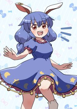 1girl :d animal_ears blue_background blue_dress blue_hair blush commentary crescent_print dress earclip feet_out_of_frame frilled_dress frills hair_between_eyes highres long_hair looking_at_viewer notice_lines open_mouth print_dress rabbit_ears rabbit_girl red_eyes rokugou_daisuke seiran_(touhou) short_sleeves smile solo standing star_(symbol) star_print striped_background teeth touhou upper_teeth_only
