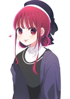 1girl arima_kana black_hat black_shirt blush closed_mouth double_bun hair_bun hat highres jacket long_sleeves looking_at_viewer oshi_no_ko red_eyes red_hair risdelusions shirt short_hair smile solo tongue tongue_out very_low_bun white_background