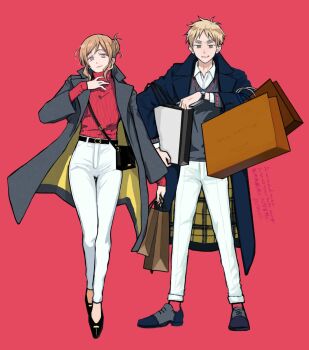 1boy 1girl 2tenset axis_powers_hetalia bag belt black_bag black_belt black_shoes blonde_hair blue_coat blue_shoes brown_bag cellphone closed_mouth coat collared_shirt commentary_request france_(female)_(hetalia) france_(hetalia) full_body genderswap genderswap_(mtf) green_eyes grey_coat grey_shoes grey_sweater hair_bun half-closed_eyes hand_up highres holding holding_bag holding_phone lapels long_sleeves looking_at_object looking_at_viewer looking_down multicolored_shoes open_clothes open_coat pants phone pink_background plaid_clothes plaid_coat purple_eyes red_socks red_sweater shirt shoes shopping_bag short_hair sidelocks simple_background smartphone smile socks standing sweater teeth turtleneck turtleneck_sweater two-sided_coat two-sided_fabric two-tone_shoes united_kingdom_(hetalia) v-shaped_eyebrows watch wavy_hair white_bag white_pants white_shirt wide_sleeves wristwatch yellow_coat