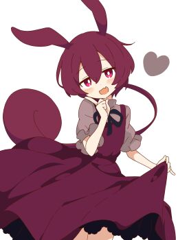 1girl absurdres ankomon bright_pupils cowboy_shot dress fang hair_between_eyes hand_up heart highres looking_at_viewer ojou-sama_zundamon open_mouth puffy_short_sleeves puffy_sleeves purple_dress purple_eyes red_hair short_sleeves simple_background skin_fang skirt_hold solo voicevox white_background white_pupils zundamon zungurimukkuri_tarou