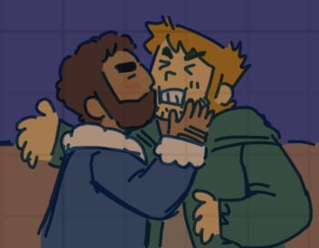 Rule 34 | > <, 2boys, bara, beard over mouth, brown hair, chibi, chibi only, clenched teeth, couple, deformed, facial hair, forked eyebrows, hand hair, jacket, joseph (scott pilgrim), kiss, kissing cheek, male focus, medium sideburns, multiple boys, null (mr not null), scott pilgrim (series), scott pilgrim takes off, short hair, sideburns stubble, sparse stubble, stephen stills, stubble, teeth, thick eyebrows, upper body, v-shaped eyebrows, yaoi