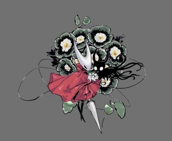 1girl 1other chinese_commentary cloak collared_cloak commentary_request downturned_eyes flower flower_request ghost grey_background grey_flower high_collar highres holding holding_flower holding_polearm holding_weapon hollow_knight hornet_(hollow_knight) knight_(hollow_knight) looking_at_flowers nail_(hollow_knight) petals polearm qishitian_de_yuji red_cloak shade_(hollow_knight) simple_background standing tentacles thread weapon white_flower