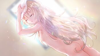 1girl ass blurry blurry_background breasts brown_hair closed_eyes completely_nude cowboy_shot drying drying_hair drying_own_hair dutch_angle from_behind game_cg hair_over_breasts indoors loli long_hair mugendo_saki non-web_source nude official_art open_mouth small_breasts solo standing towel towel_on_head very_long_hair wet window yumeutsutsu_re:master
