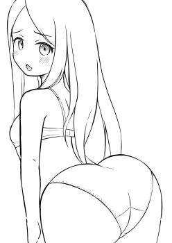 1girl ass bent_over blush bra breasts from_behind kai_ooo1 loli long_hair looking_at_viewer looking_back monochrome open_mouth original panties small_breasts smile standing tongue tongue_out underwear