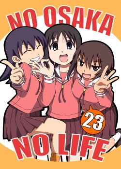 Rule 34 | 3girls, :d, azumanga daioh's school uniform, azumanga daiou, black hair, black shoes, bonklers, border, breasts, brown hair, character name, circle, closed eyes, commentary, cover, dark-skinned female, dark skin, excited, foot up, grin, hand up, index finger raised, kagura (azumanga daioh), kasuga ayumu, knee up, large breasts, leaning forward, loafers, medium hair, morichan, multiple girls, neck ribbon, numbered, ok sign, open mouth, orange background, orange socks, parted lips, pink ribbon, pink shirt, pink skirt, pleated skirt, pointing, pointing up, ribbon, sailor collar, school uniform, shirt, shoes, short hair, side-by-side, skirt, small breasts, smile, socks, speech bubble, standing, takino tomo, tan, title, v-shaped eyebrows, v-shaped eyes, w, white background, white border, white sailor collar, white socks, winter uniform