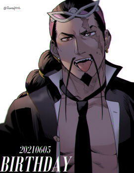 Rule 34 | 1boy, black coat, black hair, black necktie, brown eyes, coat, commentary request, dated, earrings, eyewear on head, facial hair, foxvulpine, fu manchu (mustache), happy birthday, jabra (one piece), jewelry, long mustache, male focus, mature male, mustache, necktie, one piece, open clothes, open coat, open mouth, scar, scar across eye, scar on face, signature, solo, tongue, tongue out, white background