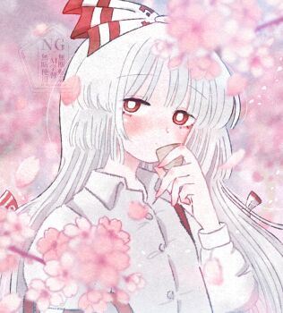 1girl blurry blurry_background blurry_foreground blush bow bright_pupils cherry_blossoms choko_(cup) commentary cup depth_of_field falling_petals fujiwara_no_mokou hair_bow hakunemui highres holding holding_cup long_hair looking_at_viewer outdoors petals red_eyes shirt solo straight_hair suspenders touhou upper_body very_long_hair watermark white_bow white_hair white_pupils white_shirt