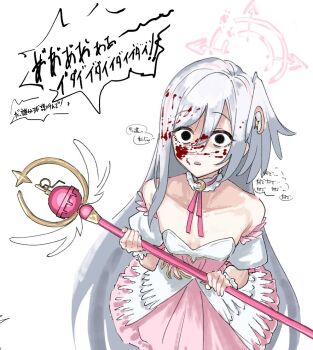 1girl bare_shoulders blood blood_on_face blood_splatter blue_archive breasts cleavage commentary_request detached_sleeves dress empty_eyes from_above hair_between_eyes halo head_wings holding holding_wand long_hair magical_girl multicolored_hair official_alternate_costume pink_dress pink_halo pink_skirt red_eyes samesann simple_background single_head_wing skirt solo streaked_hair surprised suzumi_(blue_archive) suzumi_(magical)_(blue_archive) translation_request very_long_hair wand white_hair wide-eyed wings