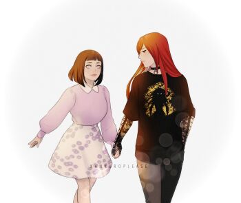 Rule 34 | 2girls, artist name, black choker, black hair, black shirt, blunt bangs, casual, choker, commentary, contemporary, english commentary, fan request, floral print, floral print skirt, grey pants, highres, holding hands, hyuuga hinata, jewelry, kankuroplease, light blush, long hair, looking at another, medium hair, multiple girls, naruto (classic), naruto (series), necklace, no pupils, pants, pink sweater, print shirt, print skirt, print sleeves, red eyes, red hair, shirt, short sleeves, skirt, smile, sweater, tayuya (naruto), white background, white eyes, white skirt, yuri