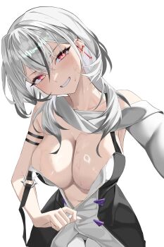1girl absurdres arm_strap breasts commentary_request cross_piercing crossed_bangs grey_hair grey_shrug grin hair_between_eyes hair_over_shoulder head_tilt highres korean_commentary large_breasts long_bangs long_hair long_sleeves looking_at_viewer multicolored_hair navel no_bra ohwayo outstretched_arm pigpotato project_[i] reaching reaching_towards_viewer red_eyes seductive_smile shiny_skin shirt shrug_(clothing) simple_background single_off_shoulder single_sleeve sleeveless sleeveless_shirt smile solo strap_slip streaked_hair sweat undressing upper_body very_sweaty virtual_youtuber white_background