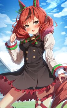 1girl absurdres black_dress blue_sky blush bow bowtie breasts cloud commentary dress ear_covers english_commentary frilled_dress frills green_bow green_bowtie grey_eyes highres horse_girl long_sleeves looking_at_viewer maeru medium_breasts medium_hair nice_nature_(umamusume) open_mouth outdoors pinafore_dress red_hair shirt sky sleeveless sleeveless_dress smile solo striped_bow striped_bowtie striped_clothes thigh_strap twintails umamusume white_shirt