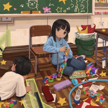 1boy 1girl bag black_hair blue_pants blue_shirt chair chalkboard child classroom desk drawstring drawstring_bag highres hoop hula_hoop indoors jump_rope lying medium_hair on_stomach original pants paper_chain sa1bi school_chair school_desk scissors shirt shoes short_hair sitting smile star_(symbol) trash_can unworn_shoes white_shirt wi-fi_symbol wooden_floor yokozuwari