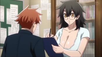 1boy 1girl :o aki_mary animated anime_screenshot backboob barefoot bent_over black_hair blood bouncing_breasts breasts cleavage clothes_lift convenient_censoring curvy downblouse flashing freckles freckles_on_breasts from_above glasses hands_on_own_hips hanging_breasts height_difference huge_breasts ichinose_shiki_(tougen_anki) leaning_forward lifting_own_clothes lips looking_at_breasts medium_hair no_bra nosebleed orange_hair sagging_breasts shirt_lift sound tagme tall_female thick_lips thick_thighs thighs tougen_anki video yellow_eyes