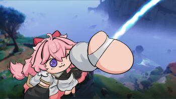 1girl :3 bow commentary detached_sleeves dress encore_(wuthering_waves) english_commentary game_screenshot_background grappling_hook hair_bow highres lennykaise midair one_eye_closed pink_bow pink_hair pink_pupils purple_eyes screenshot_background solo white_dress wuthering_waves