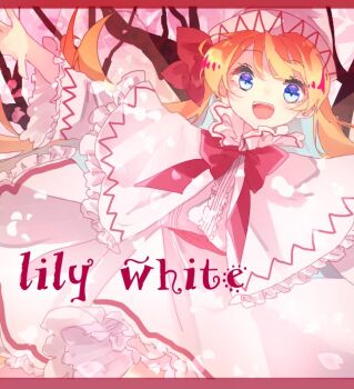 1girl :d blonde_hair blue_eyes bow bowtie capelet character_name cherry_blossoms commentary_request cowboy_shot dress frilled_capelet frilled_dress frills hat hat_bow letterboxed lily_white long_hair looking_at_viewer open_mouth outstretched_arms red_bow red_bowtie shinjitsu_no_kuchi smile solo spread_arms touhou tree white_capelet white_dress white_hat