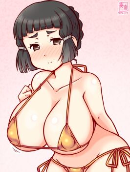 Rule 34 | 1girl, alternate costume, artist logo, bikini, black hair, blush, breasts, brown eyes, covered erect nipples, cowboy shot, dated, gold bikini, gradient background, hair bun, hair ornament, hairclip, kanon (kurogane knights), kantai collection, large breasts, logo, long hair, looking at viewer, myoukou (kancolle), pink background, single hair bun, smile, solo, swimsuit