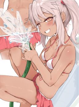 1girl bikini bikini_skirt blush breasts chloe_von_einzbern commentary dark-skinned_female dark_skin esearu fate/kaleid_liner_prisma_illya fate_(series) from_side grin highres holding holding_hose hose loli looking_at_viewer medium_hair multiple_views orange_eyes paid_reward_available parted_lips pink_hair small_breasts smile stomach_tattoo swimsuit symbol-only_commentary tattoo twintails white_bikini