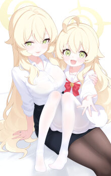 2girls absurdres aged_up ahoge alternate_breast_size_(larger) black_skirt blonde_hair blue_archive breasts commentary green_eyes halo highres jiuchong_ying_fengxue large_breasts long_hair looking_at_viewer multiple_girls pantyhose professor_niyaniya_(blue_archive) sailor_collar shirt skirt smile white_sailor_collar white_shirt