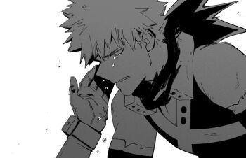 Rule 34 | 2boys, 5mll3, arm up, bakugou katsuki, bare shoulders, boku no hero academia, clenched teeth, crying, crying with eyes open, detached sleeves, eye mask, gloves, looking down, male focus, mask, mask pull, midoriya izuku, multiple boys, out of frame, short hair, simple background, spiked hair, tears, teeth, torn clothes, upper body, white background