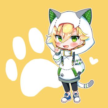 1boy :d animal_ears animal_hood blonde_hair blue_shoes blush_stickers cat_ears cat_hood cat_tail chibi chibi_only claw_pose drawstring fake_animal_ears fake_tail fang flipped_hair full_body green_eyes green_hoodie grey_pants hair_between_eyes hand_in_pocket hand_up heart highres hood hood_up hoodie long_sleeves looking_at_viewer male_focus nijisanji no_socks open_mouth pants polka_dot polka_dot_hoodie poteo_(ruma_30) shoes short_hair sidelocks simple_background smile sneakers solo standing tail two-sided_fabric uzuki_kou uzuki_kou_(2nd_costume) virtual_youtuber white_hoodie yellow_background